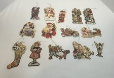 14 Vintage Christmas Ornaments Gold Foil Die-Cut 2 Sided Cardboard Santa Claus