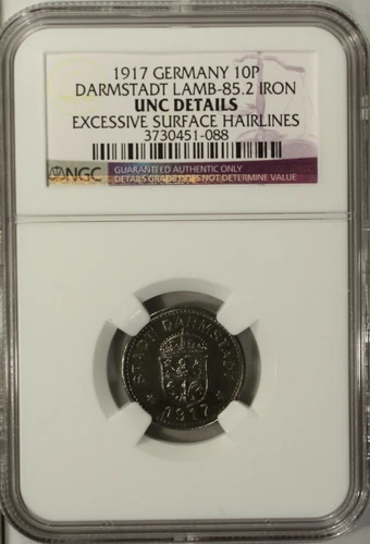 Germany 10 Pfennig 1917 NGC UNC Details Iron Darmstadt Lamb-85.2
