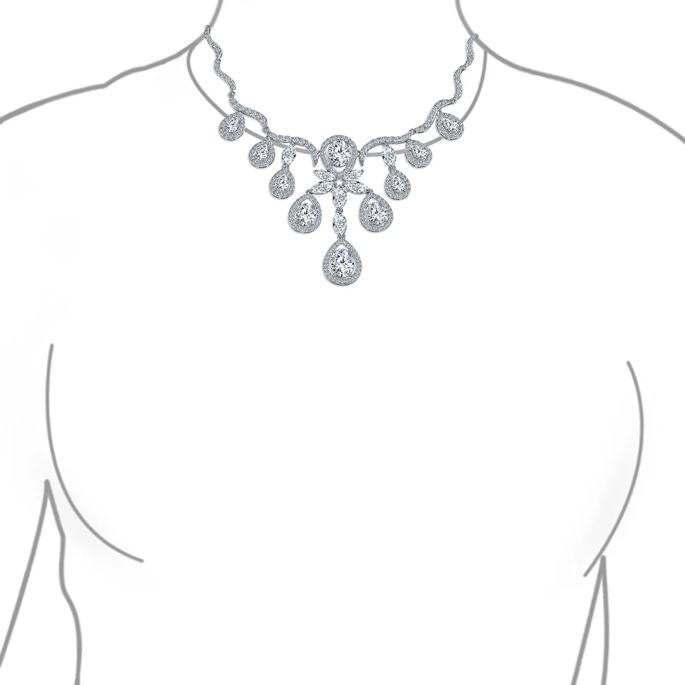 Juego de collar vintage Art Deco con circonita cúbica lágrima y pendientes enchapados en plata Foto 3 de 4