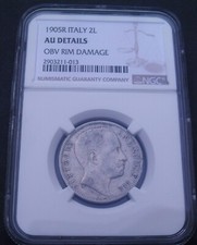 1905 R Italy  2 Lire ,  NGC AU details ,  nice silver coin      #  1631, # 49-12