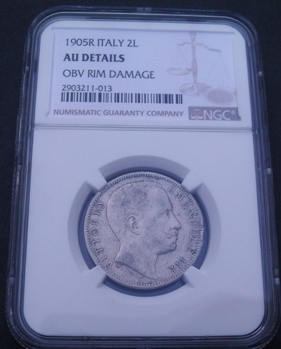 1905 R Italy  2 Lire ,  NGC AU details ,  nice silver coin      #  1631, # 49-12 - Picture 1 of 4