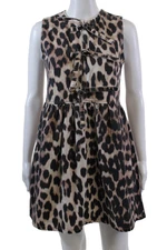 Ganni Womens Textured Round Neck Sleeveless Animal Print Dress Brown Size EUR 32