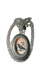 Vintage Style Silver Oval Locket Pendant Necklace with Bird Illustration