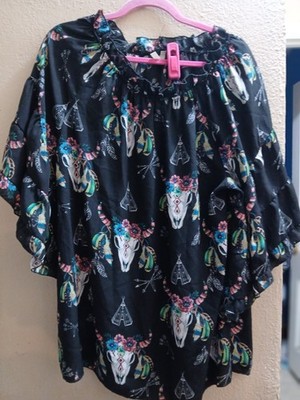 Lilypad  Boutique Sheer Black Off The Shoulder Floral Skulls Boho Cowgirl Top