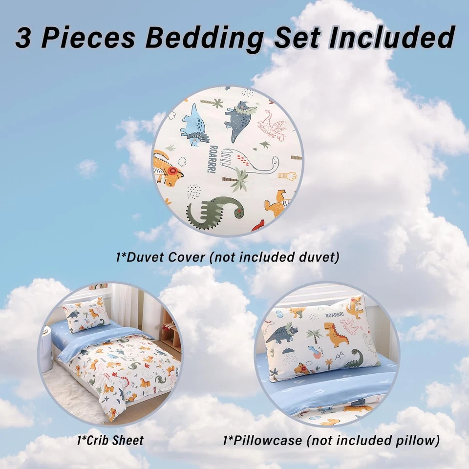 Juego de cama para bebé estampado de dinosaurios, 3 piezas ropa de cama de cuna de algodón suave transpirable... Foto 3 de 4