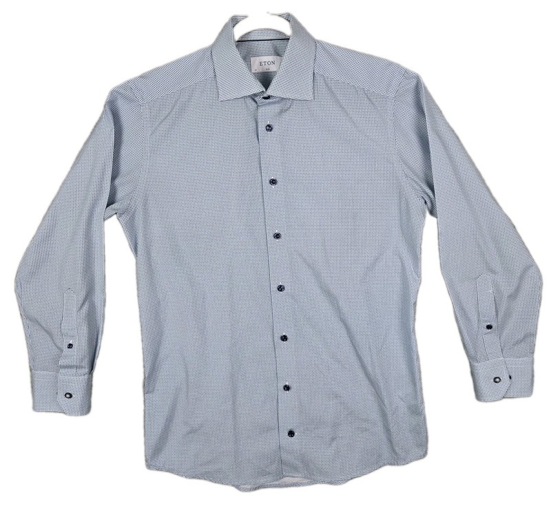 Eton Slim Fit (Short Arms) Dress Shirt Size 15.5/39 Light Blue Micro-Geometric
