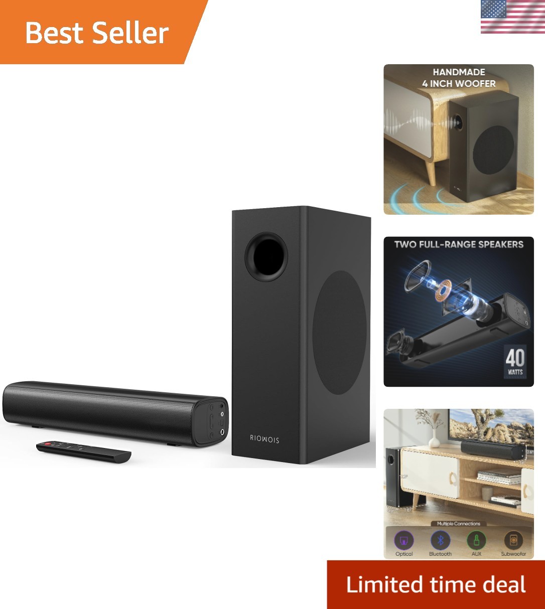 Bluetooth Soundbar with Wired Subwoofer - Deep Bass Surround