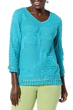 Antthony Women's V-Neck Pullover Floral Burnout Sweater w/ Trim Aqua