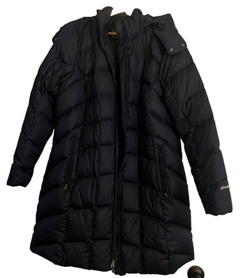 Eddie Bauer Women EB550 Luna Peak Down Puffer Jacket XL Fur Trim Hood Parka Blue