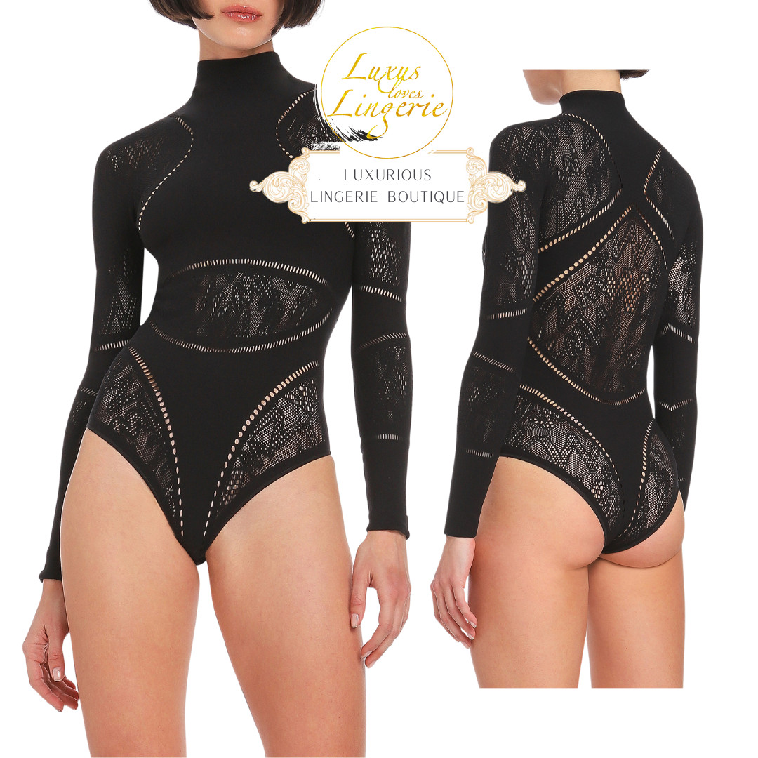 Sporty Logo Net Body By Wolford XS Black Hole Pattern High Collar Net