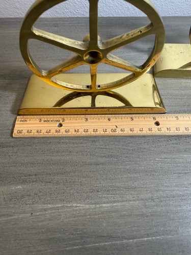 Heavy Solid Brass Wheel Bookends Pair 5lb Mid Century Modern Nautical Industrial - 第 7/12 張圖片