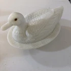 VINTAGE WESTMORELAND MILK GLASS nesting DUCK ON A WAVY BASE 2PC COVERED DISH