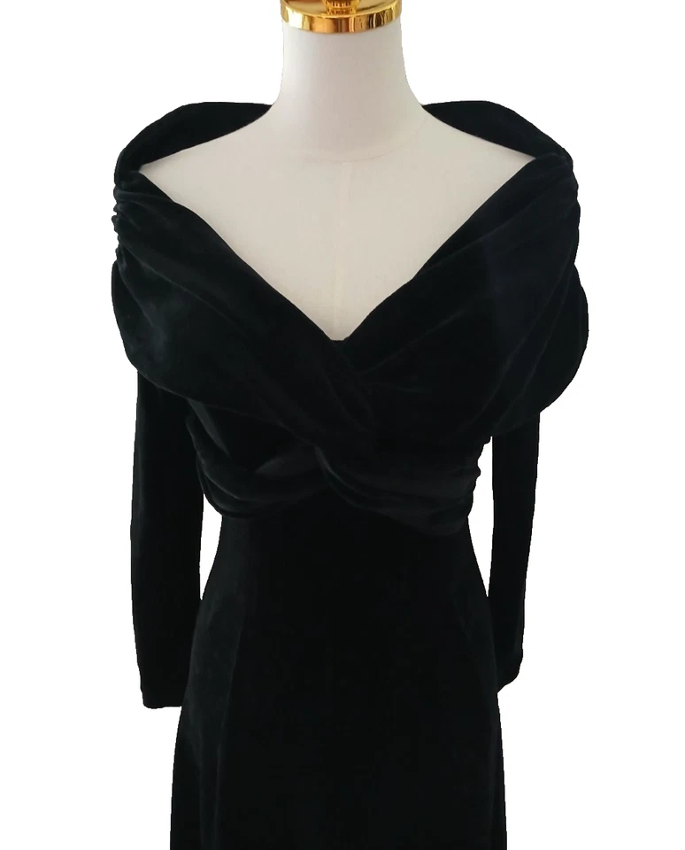 Moda International Vintage Long Black Velvet Dress Off the Shoulder Long Sleeves - Image 2 of 4