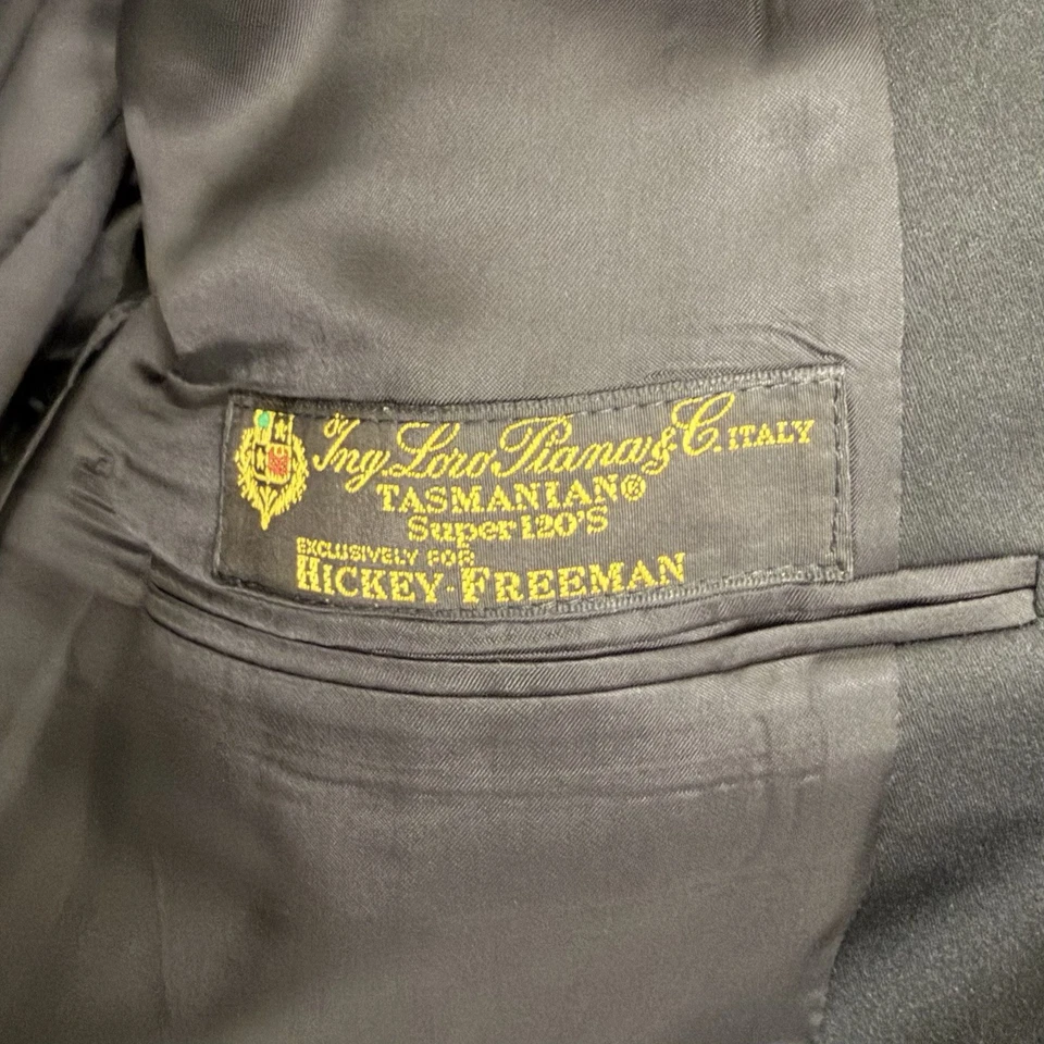 Hickey Freeman Loro Piana Tuxedo 44L Black 1-Button Suit Jacket & Pleated Pants - Image 4 of 4