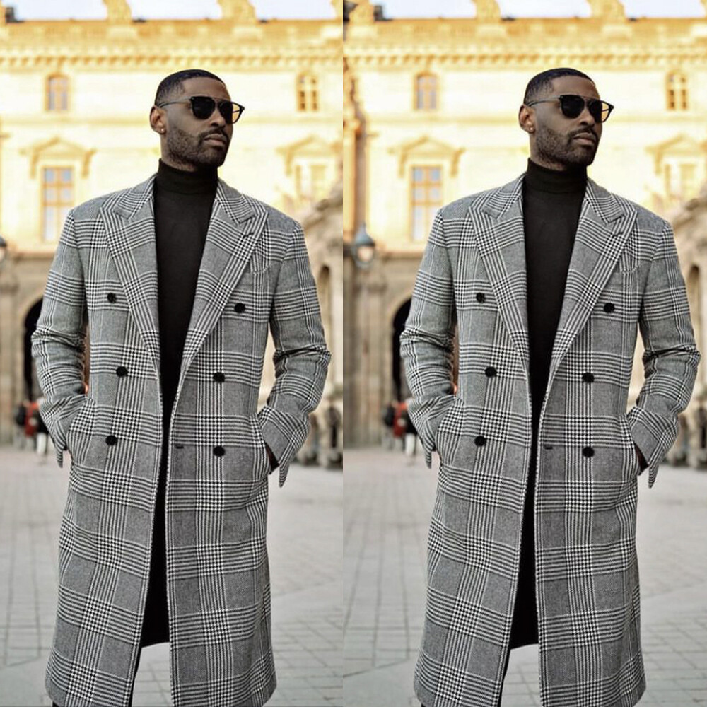 ジャケット・アウター Check Double Faced Peaked Lapel Coat Check Men's Overcoat Double Breasted Peak Lapel Outdoor