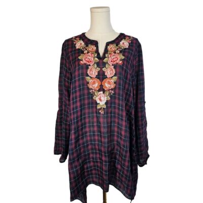 Andree by Unit FLAWED Tab-Sleeve Embroidered Tunic Cottagecore Floral Plaid L
