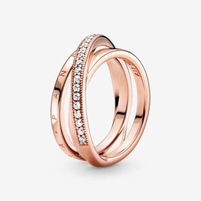 Authentic New 925 Sterling Silver Crossover Pavé Triple Band Gold Ring 189057C01