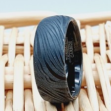 Damascus Pattern Black Tungsten Wedding Band Husband Gift Domed Men's Ring