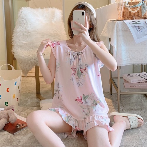 Pajamas Woman Thin Style Cotton Silk Suspender Set Sweet Shorts Two-piece Suit - Picture 15 of 16