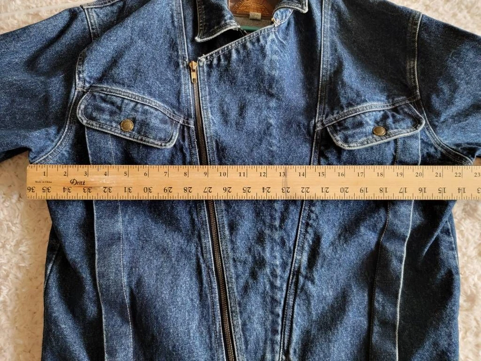 Chaqueta de mezclilla Lawman para mujer azul asimétrica con cremallera bolsillos cuello M Foto 4 de 4