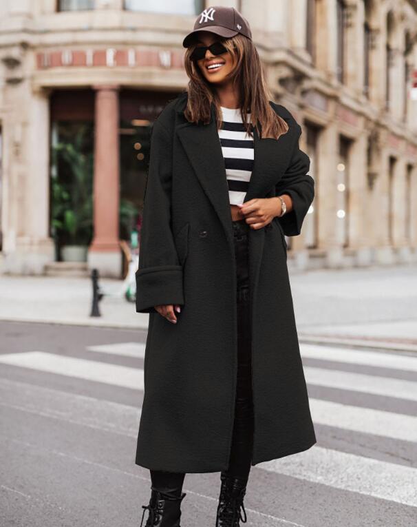 Nuova giacca casual donna lana lunga trench doppia fila due bottoni outwear top