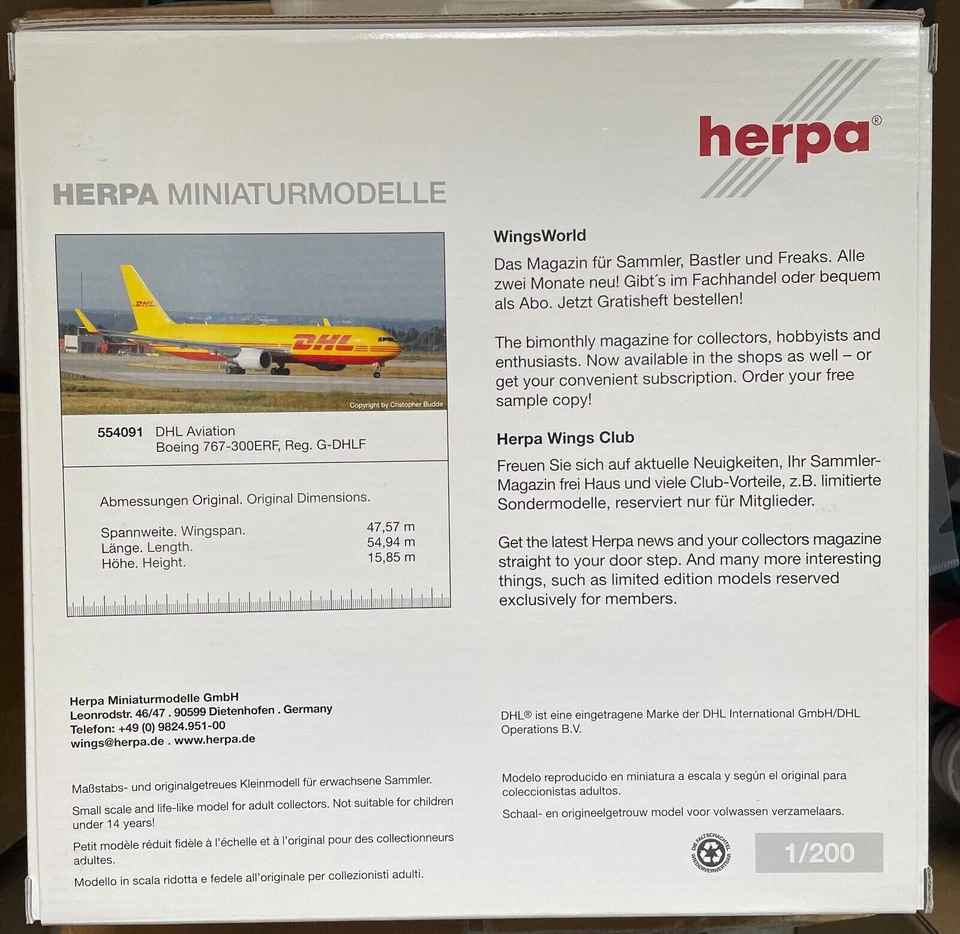 HERPA 1/200 DHL BOEING 767-300ERF CARGO W/STAND art. 554091 NEW - Immagine 3 di 4