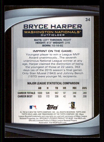 2016 Topps Gold Label Class 3 #34 Bryce Harper - Picture 2 of 2