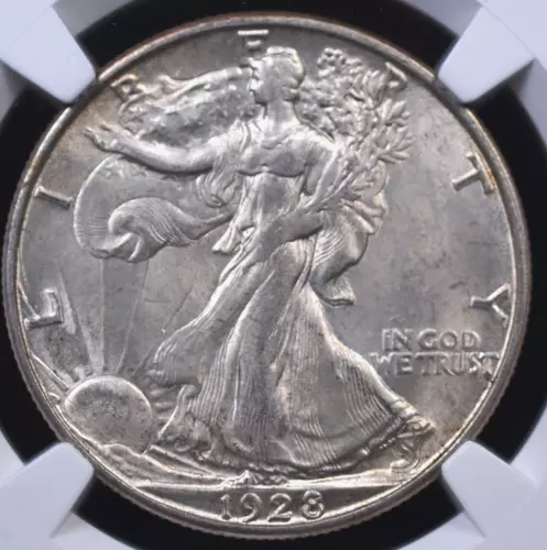 1928 S WALKING LIBERTY HALF DOLLAR NGC MS 62 SLIGHTLY GREYING SILVERY WHITE WITH