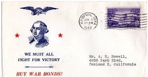 1944 HAMPTON IA #903 VT WWII PATRIOTIC COVER W/ BUY BONDS CACHET BY LESLIE MEYER
