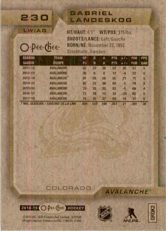 2018-19 O-Pee-Chee Gabriel Landeskog #230 - Image 2 of 2