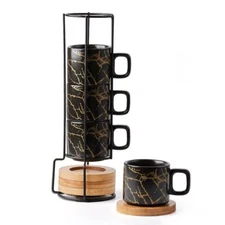 Porcelain Espresso Cup with Saucer and Metal Stand 4 Ounce Stackable Ceramic ...