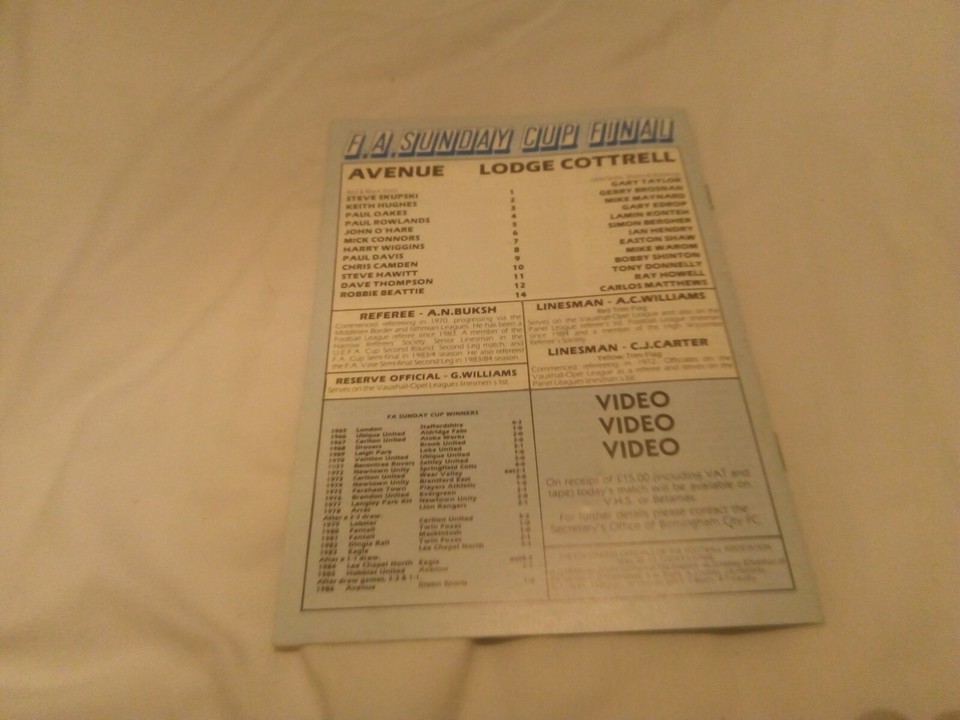 LODGE COTTRELL V AVENUE F.A. SUNDAY CUP FINAL PROGRAMME 26/4/1987