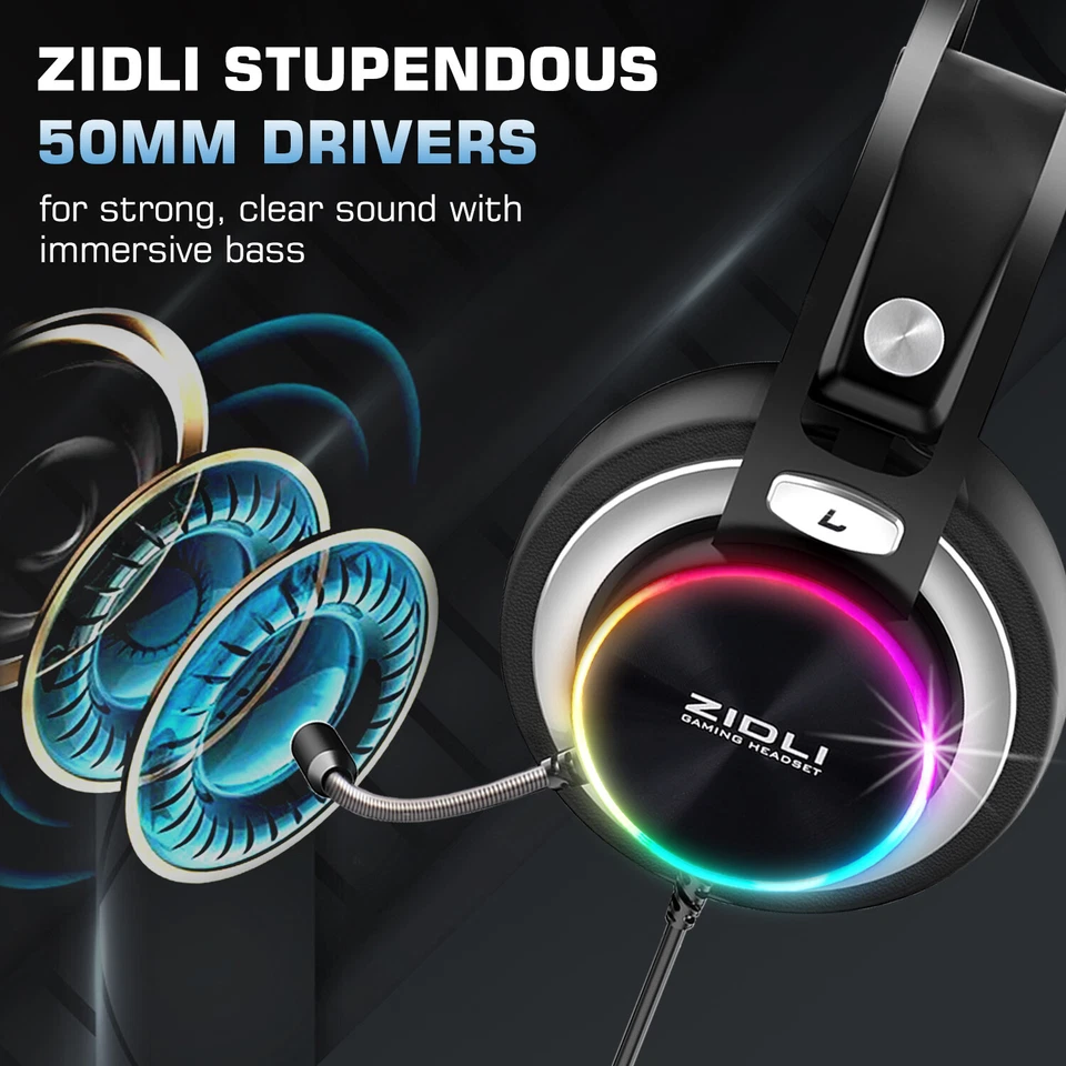  ZIDLI Pro Gaming Headset With Rainbow Lights For PS5&4/Xbox/Nintendo Switch/PC - Image 3 of 4
