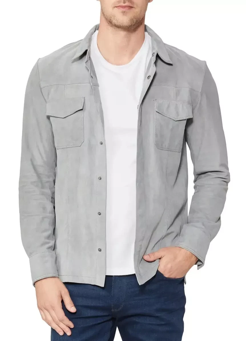 Gray Suede Leather Shirt Jacket for Men Size XS S M L XL XXL 3XL Custom Made