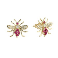 Ruby Diamond Bee Stud Earrings In 14k Solid Yellow Gold Handmade Fine Jewelry