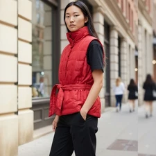 Talbots Women's Red Goose Down Puffer Vest Belted  Collar Quilted Fill Size L