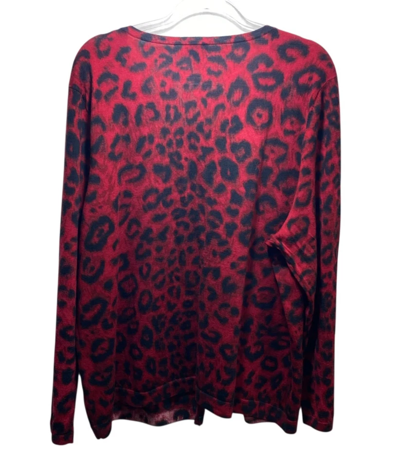 Cárdigan Suéter Talbots 100% Lana Merino Fiesta Vacaciones 3X Rojo Negro Leopardo Foto 3 de 4