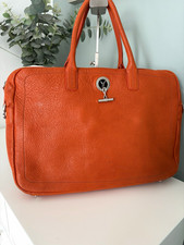 Lamarthe Orange Pebbled Leather Tote Bag iPad Monogram Lining Silver Zip Pockets