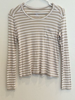 Me + Em Striped Long Sleeve Pocket Basic Tee Top Camel & White Cotton Women s M