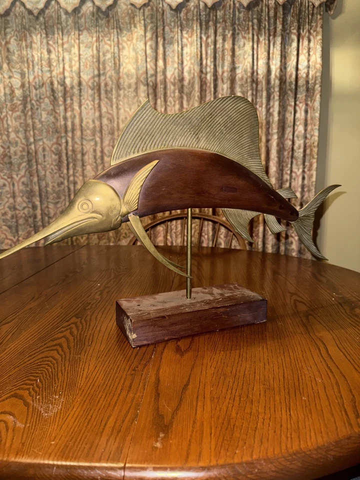 VTG 1950s Mantel Fish Swordfish Sport Fish Brass & Wood Statue Frederick Cooper - Image 3 of 4