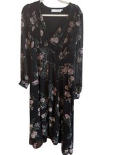 Astr The Label Black Floral Medium Flowy Long Sleeve Midi Dress Button Bodice