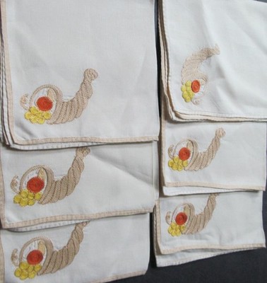 Fall Thanksgiving Napkins Embroidered Cornucopia set of 6  Vintage