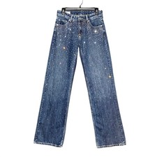 ZARA Women's Rhinestone Wide Leg Jeans Mid Rise Dark Wash Blue Size 2 NWOT