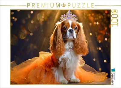 CALVENDO Puzzle Cavalier King Charles Spaniel trägt orangefarbenes Abendkleid mi
