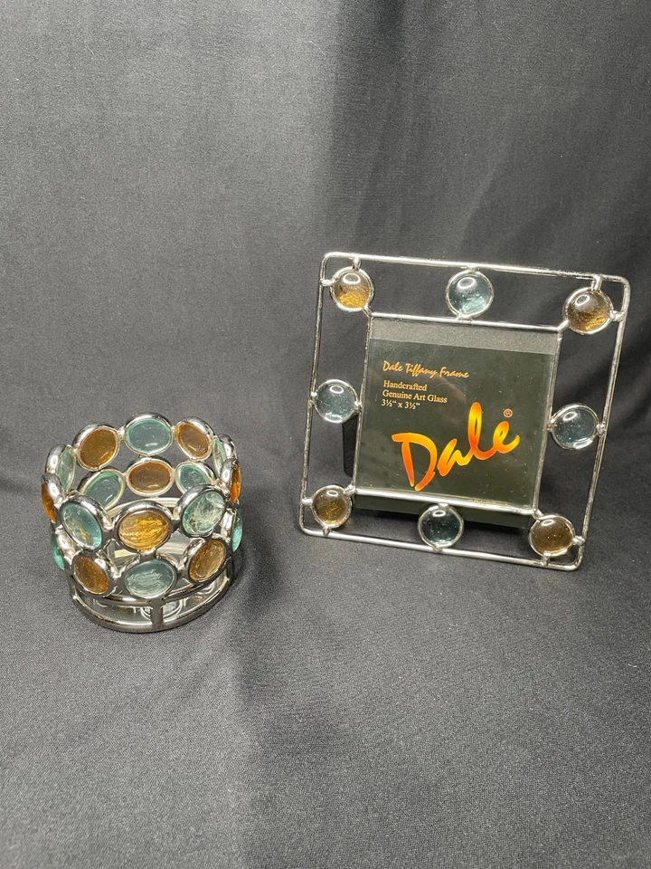 Marco de fotos de vidrio artístico genuino hecho a mano Dale Tiffany - Juego de velas votivas nuevo Foto 2 de 4
