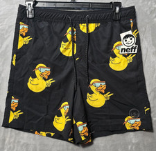 NWT Neff Swim Board Shorts Men L Black Yellow Rubber Duck Back Pocket Drawstring