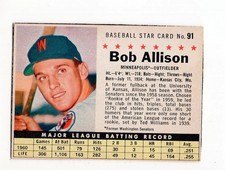 1961 Post Cereal Bob Allison #91B Minnesota Twins Free Shipping Hand Cut