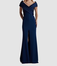 Tadashi Shoji Women's Blue Long Pleated Formal Slit Off-Shoulder Dress Size M