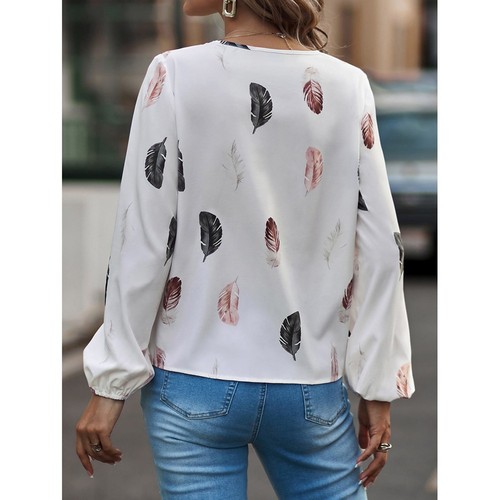 Feather Print Vneck Shirt Long Sleeve for Women Casual and Street Style - Picture 12 of 37