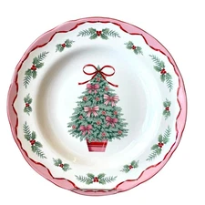 4 PINKMAS Salad Plates Pink Bows Christmas Tree 8.5" Porcelain Holly 222 Fifth